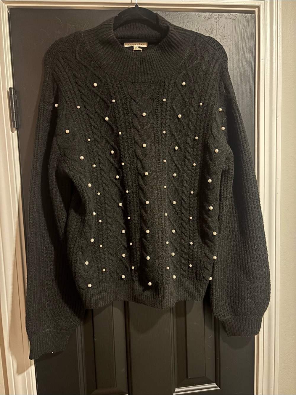 Copper Key Black Cable Knit Sweater with Pearl Accents